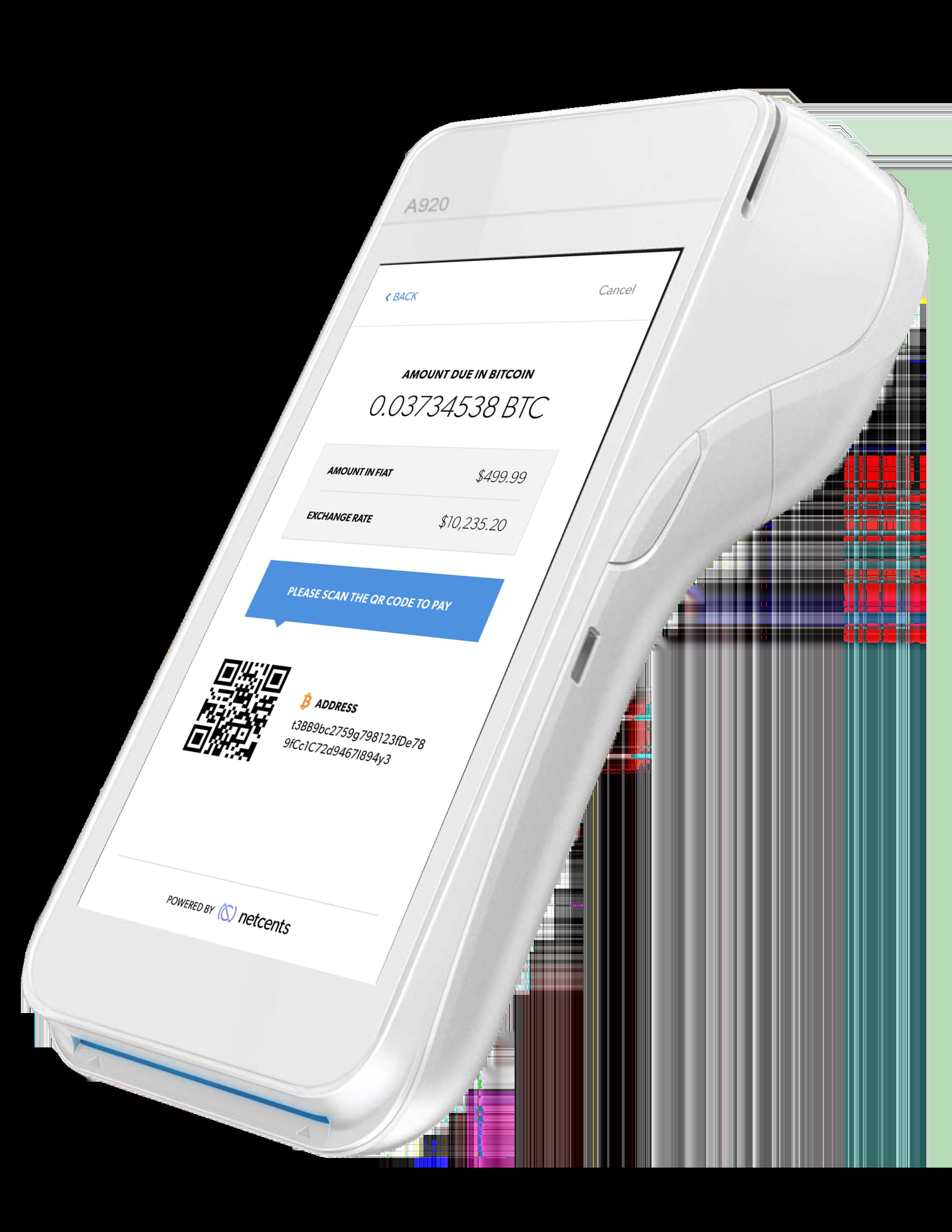 POS Terminal showing an example of cryptocurrency payment.